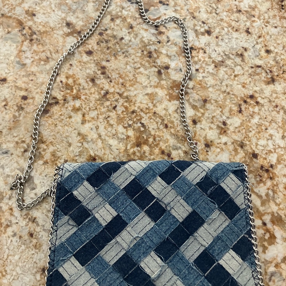Woven denim distressed denim crossbody